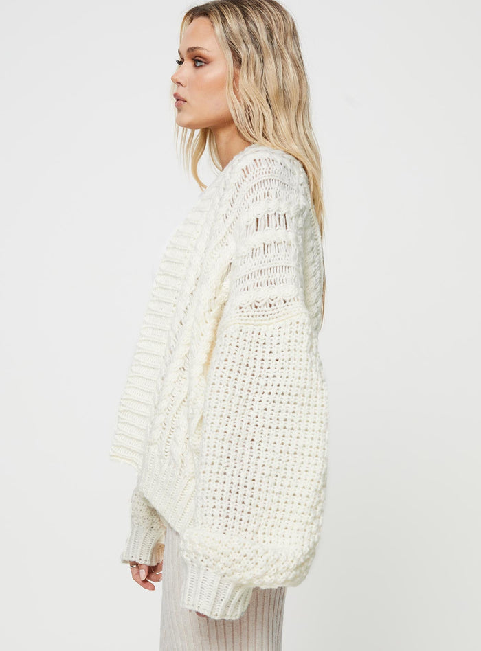 Front view of model wearing  front Abner Cable Cardigan Cream Princess Polly  Long