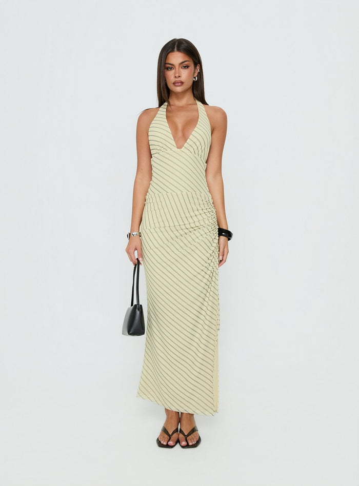 Adolena Halter Ruched Maxi Dress Yellow Stripe
