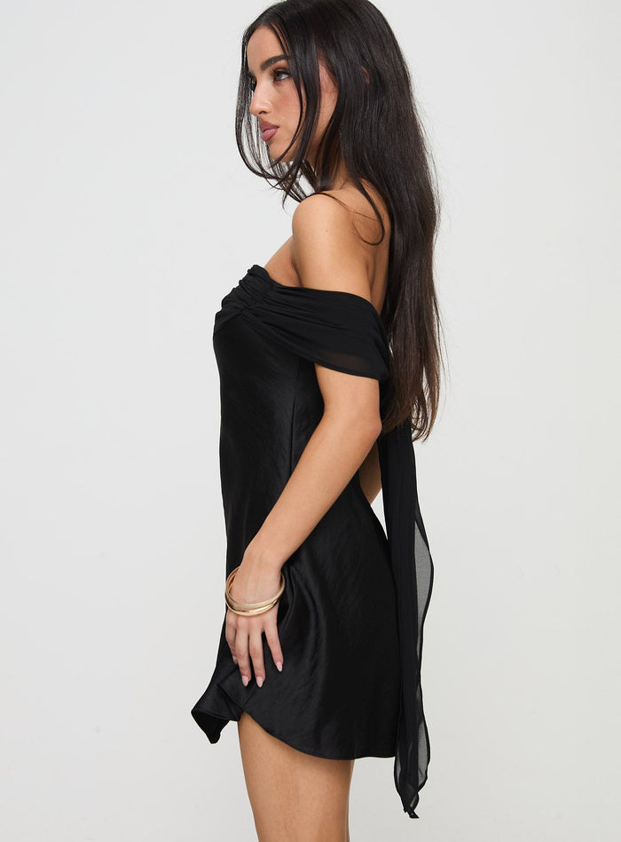 side view of model wearing Princess Polly Adoration Mini Dress Black Straight Neck