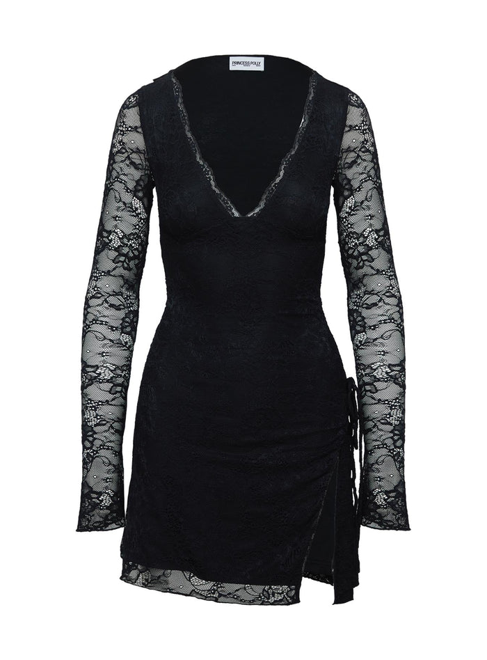 back view of model wearing Princess Polly Airabella Lace Mini Dress Black Plunger