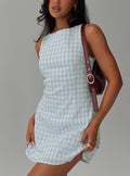 side view of model wearing Princess Polly Alfalfa Mini Dress Blue Check Crew Neck