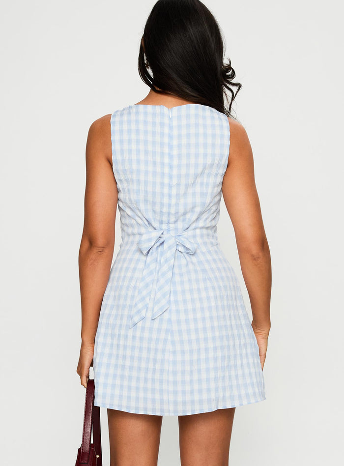 back view of model wearing Princess Polly Alfalfa Mini Dress Blue Check Crew Neck