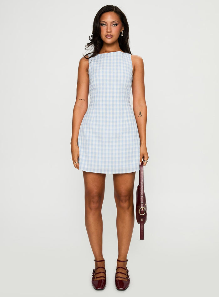 front view of model wearing Princess Polly Alfalfa Mini Dress Blue Check Crew Neck