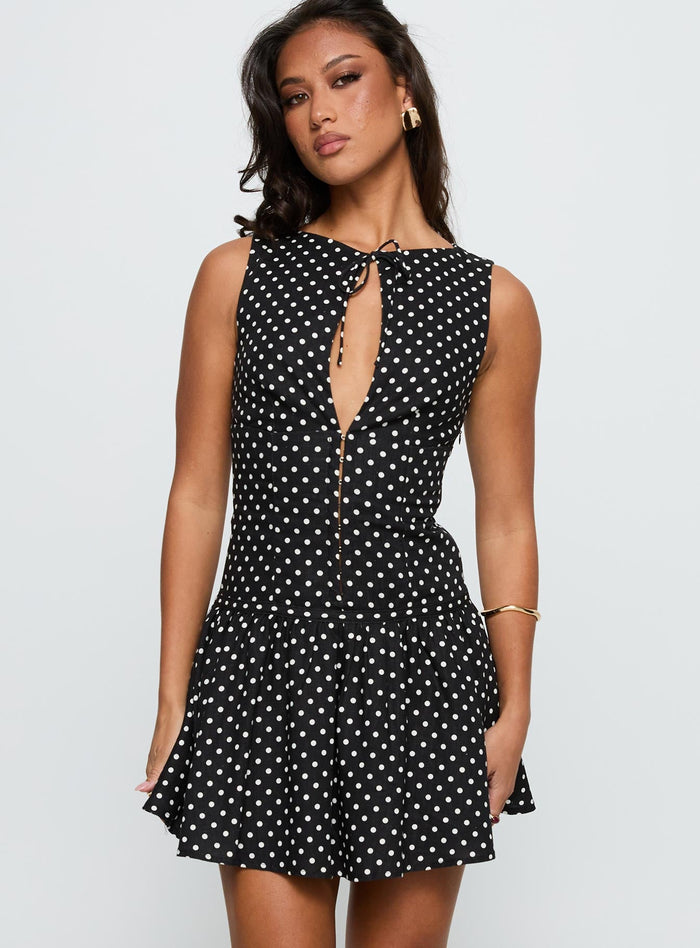 front view of model wearing Princess Polly Alissea Keyhole Linen Blend Mini Dress Black Polka Crew Neck