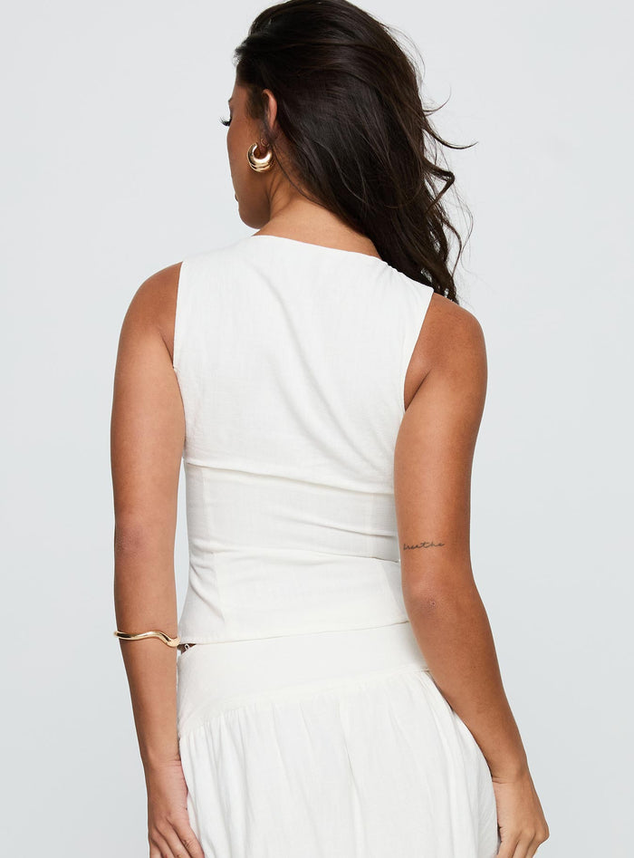 back view of model wearing Princess Polly Alissea Keyhole Linen Blend Top White Sleeveless Crew Neck