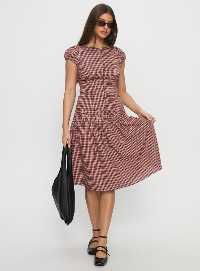 side view of model wearing Princess Polly Alixandra Ruched Midi Skirt Red Check Midi Skirts