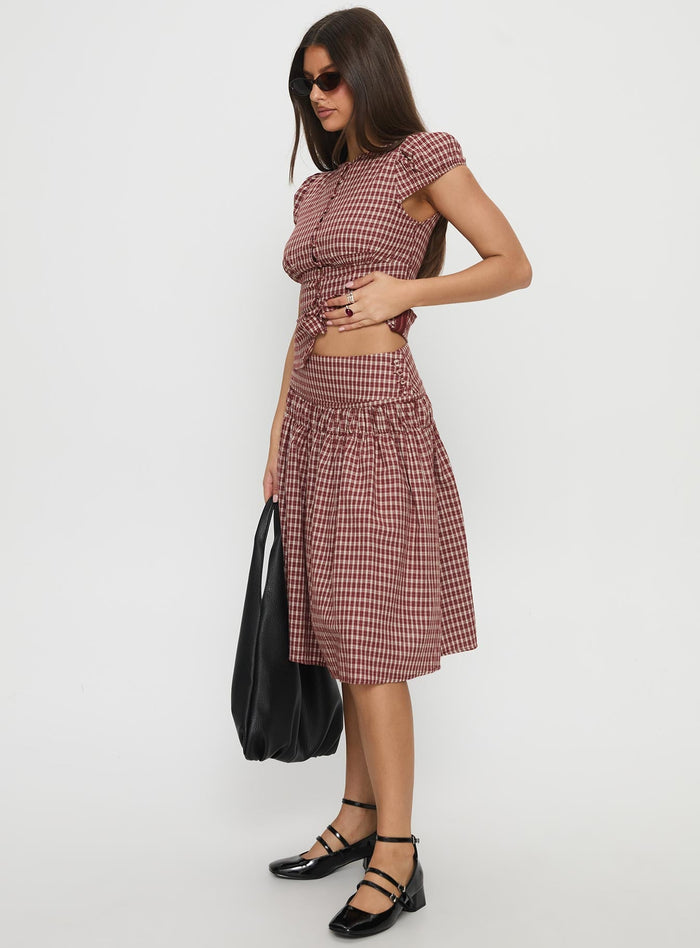 side view of model wearing Princess Polly Alixandra Ruched Midi Skirt Red Check Midi Skirts