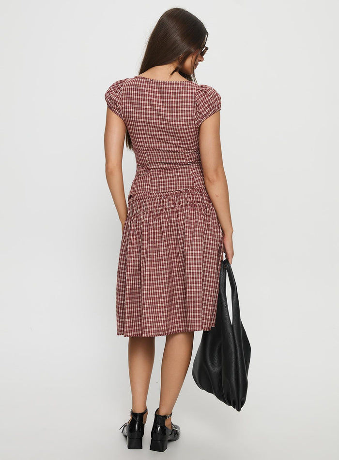 back view of model wearing Princess Polly Alixandra Ruched Midi Skirt Red Check Midi Skirts