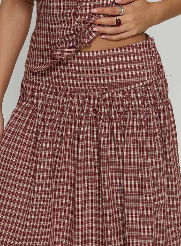 front view of model wearing Princess Polly Alixandra Ruched Midi Skirt Red Check Midi Skirts