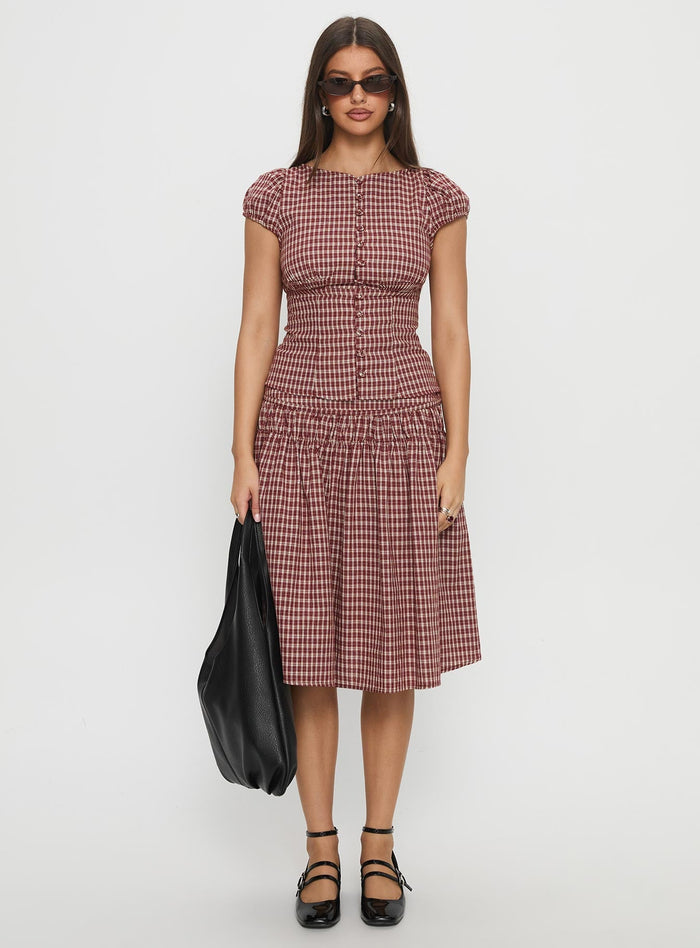 side view of model wearing Princess Polly Alixandra Ruched Midi Skirt Red Check Midi Skirts