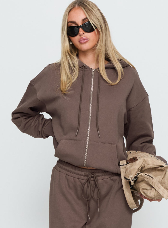 front view of model wearing Princess Polly All Day Oversized Hoodie Mocha Longline Jumpers