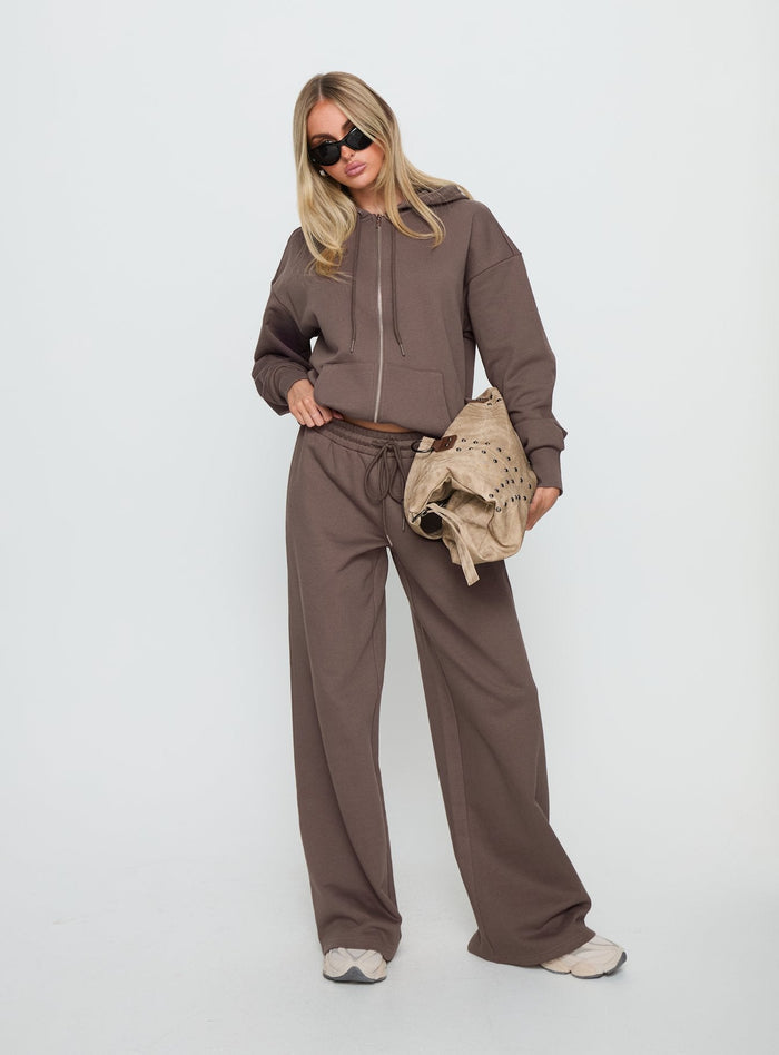 side view of model wearing Princess Polly All Day Oversized Hoodie Mocha Longline Jumpers