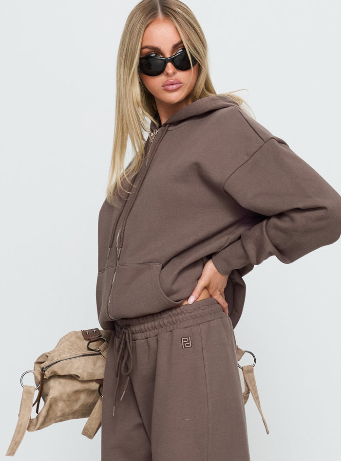 side view of model wearing Princess Polly All Day Oversized Hoodie Mocha Longline Jumpers