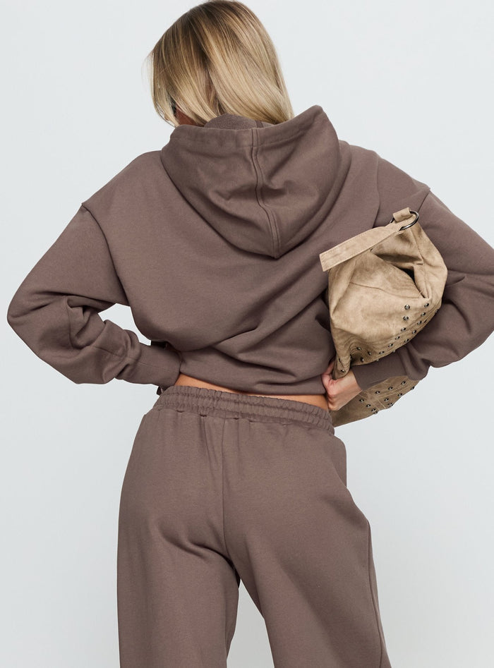 back view of model wearing Princess Polly All Day Oversized Hoodie Mocha Longline Jumpers