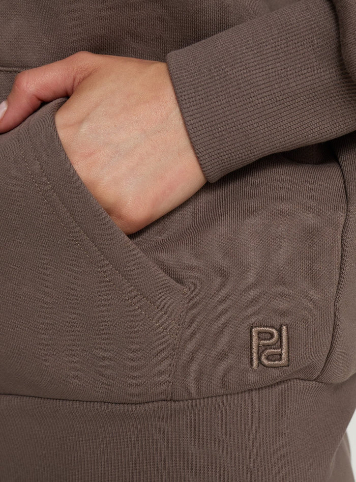 back view of model wearing Princess Polly All Day Oversized Hoodie Mocha Longline Jumpers