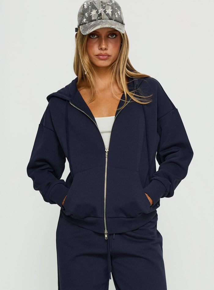front view of model wearing Princess Polly All Day Oversized Hoodie Navy cropped