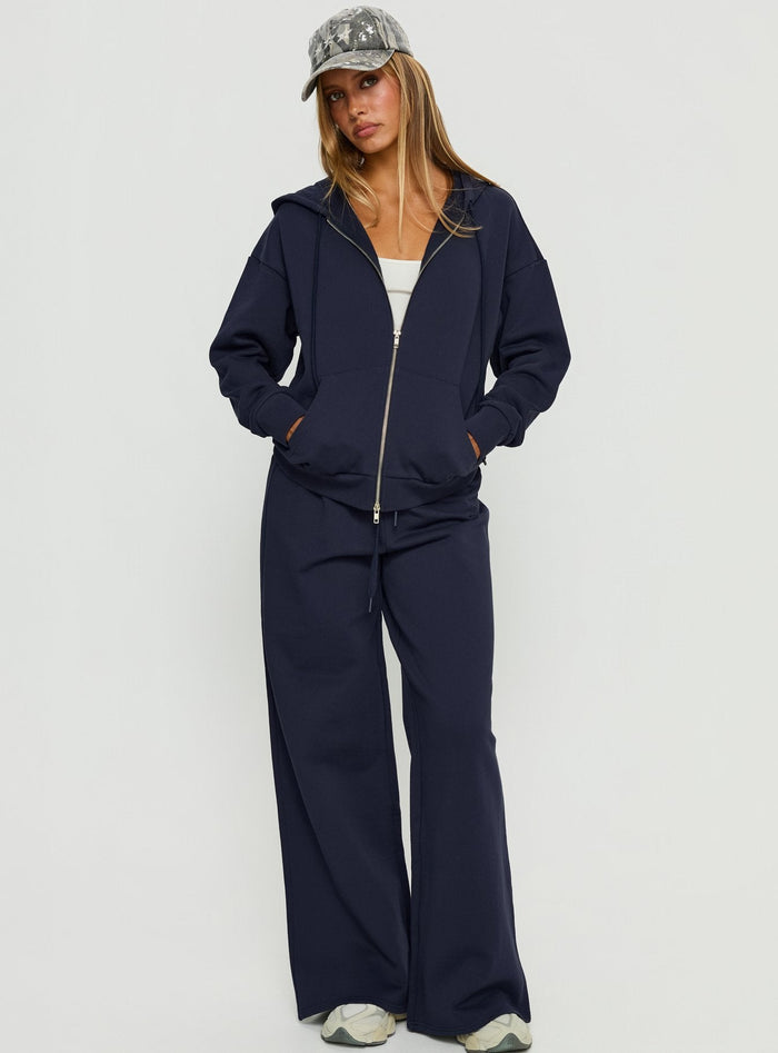 front view of model wearing Princess Polly All Day Oversized Hoodie Navy cropped