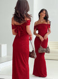 back view of model wearing Princess Polly Allured Strapless Maxi Dress Burgundy Straight Neck