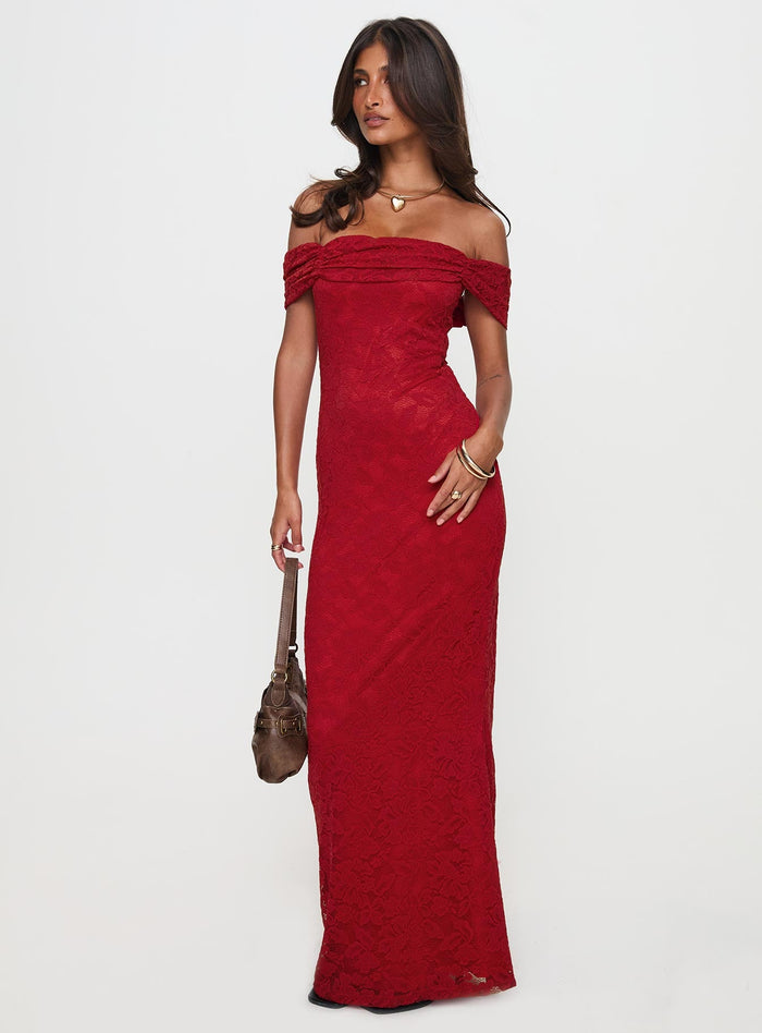 front view of model wearing Princess Polly Allured Strapless Maxi Dress Burgundy Straight Neck