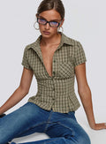 front view of model wearing Princess Polly Alma Mater Top Green Check Short Sleeves V-Neck