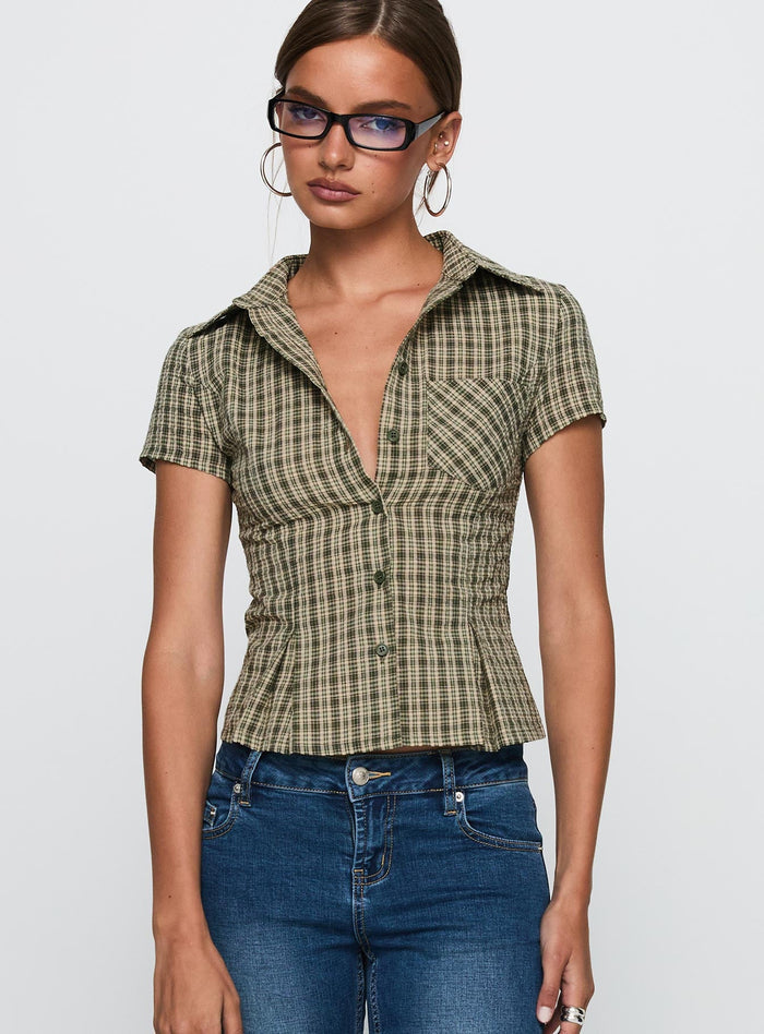 front view of model wearing Princess Polly Alma Mater Top Green Check Short Sleeves V-Neck