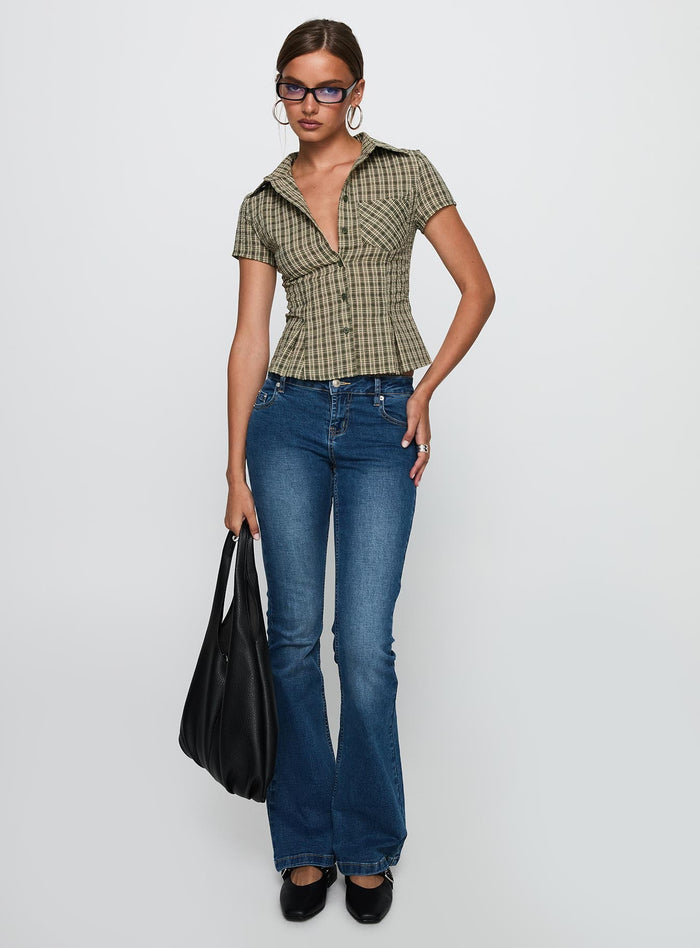 side view of model wearing Princess Polly Alma Mater Top Green Check Short Sleeves V-Neck