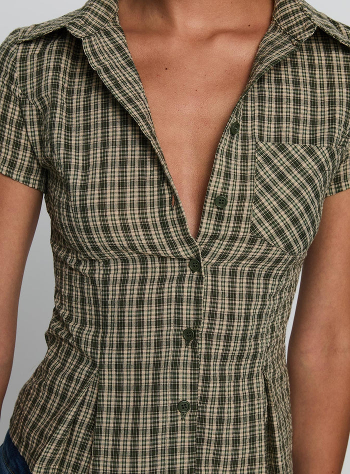 back view of model wearing Princess Polly Alma Mater Top Green Check Short Sleeves V-Neck