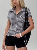 front view of model wearing Princess Polly Alma Mater Top Multi Check Short Sleeves High Neck