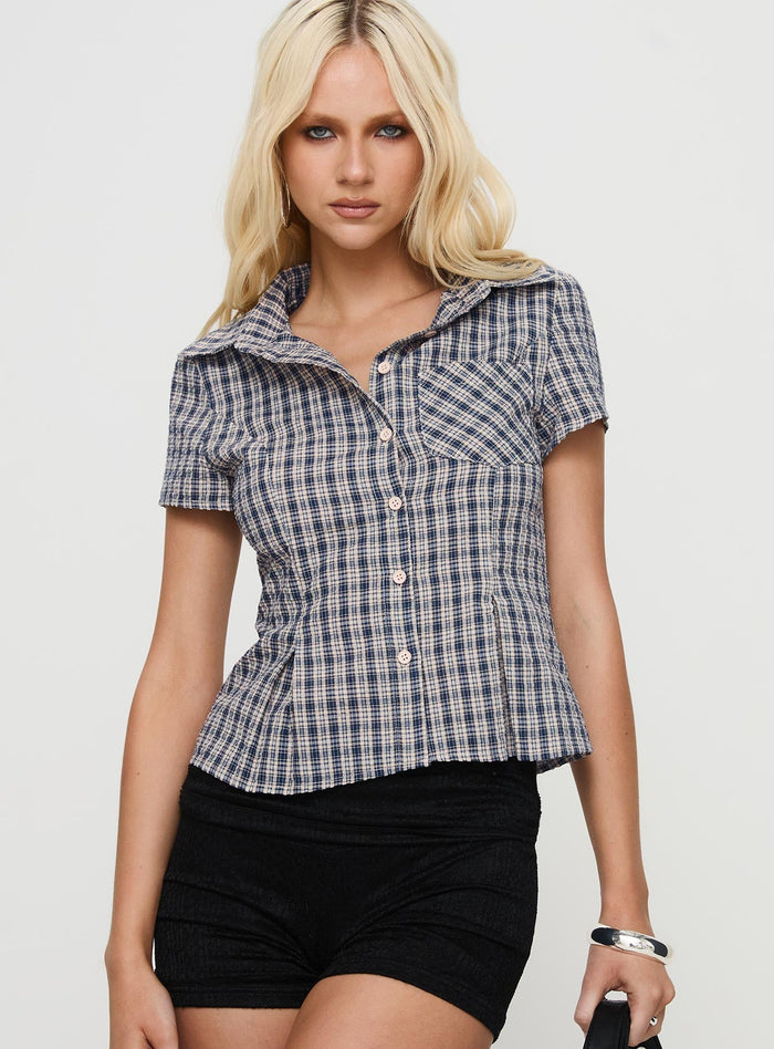 front view of model wearing Princess Polly Alma Mater Top Multi Check Short Sleeves High Neck