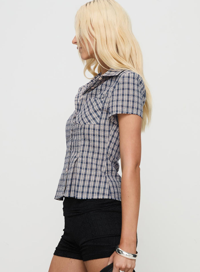 side view of model wearing Princess Polly Alma Mater Top Multi Check Short Sleeves High Neck