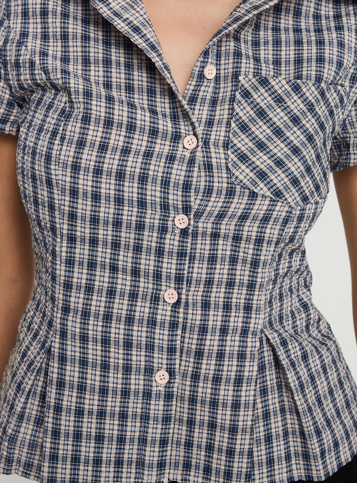 back view of model wearing Princess Polly Alma Mater Top Multi Check Short Sleeves High Neck