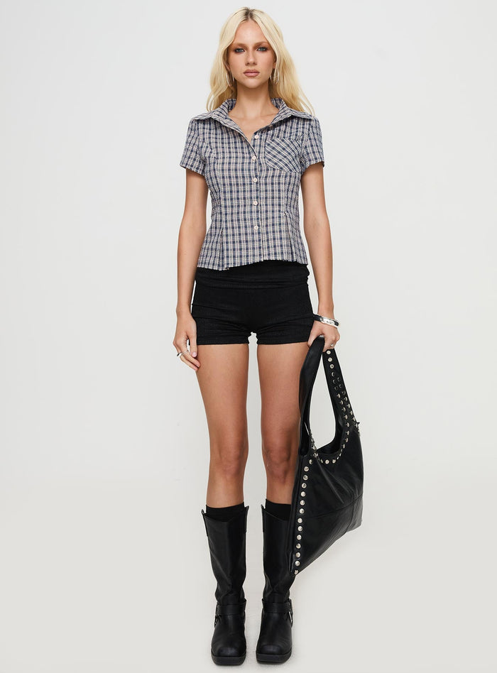 front view of model wearing Princess Polly Alma Mater Top Multi Check Short Sleeves High Neck