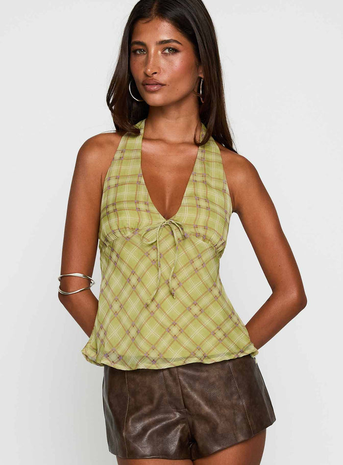 front view of model wearing Princess Polly Amalthea Top Green Check Sleeveless Plunger