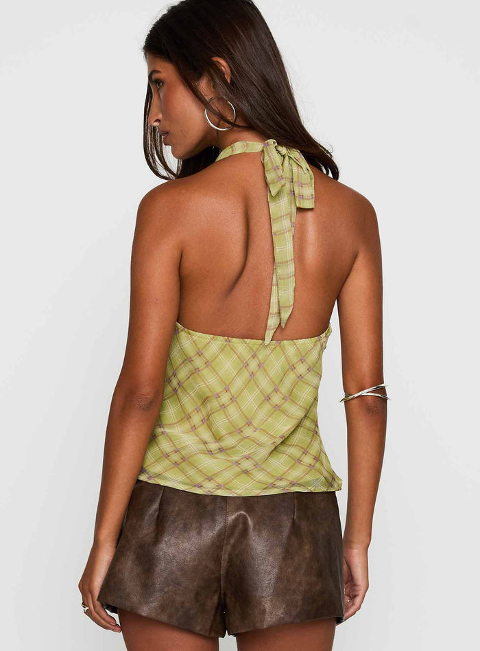 back view of model wearing Princess Polly Amalthea Top Green Check Sleeveless Plunger