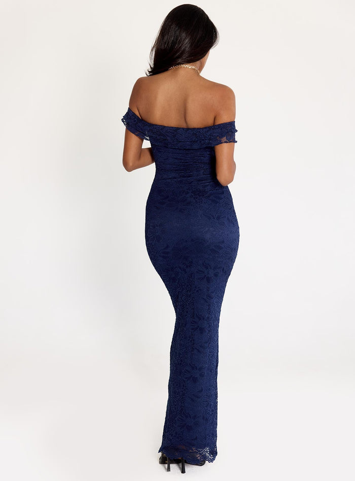 back view of model wearing Princess Polly Anabeila Strapless Maxi Dress Navy Sweetheart Neckline