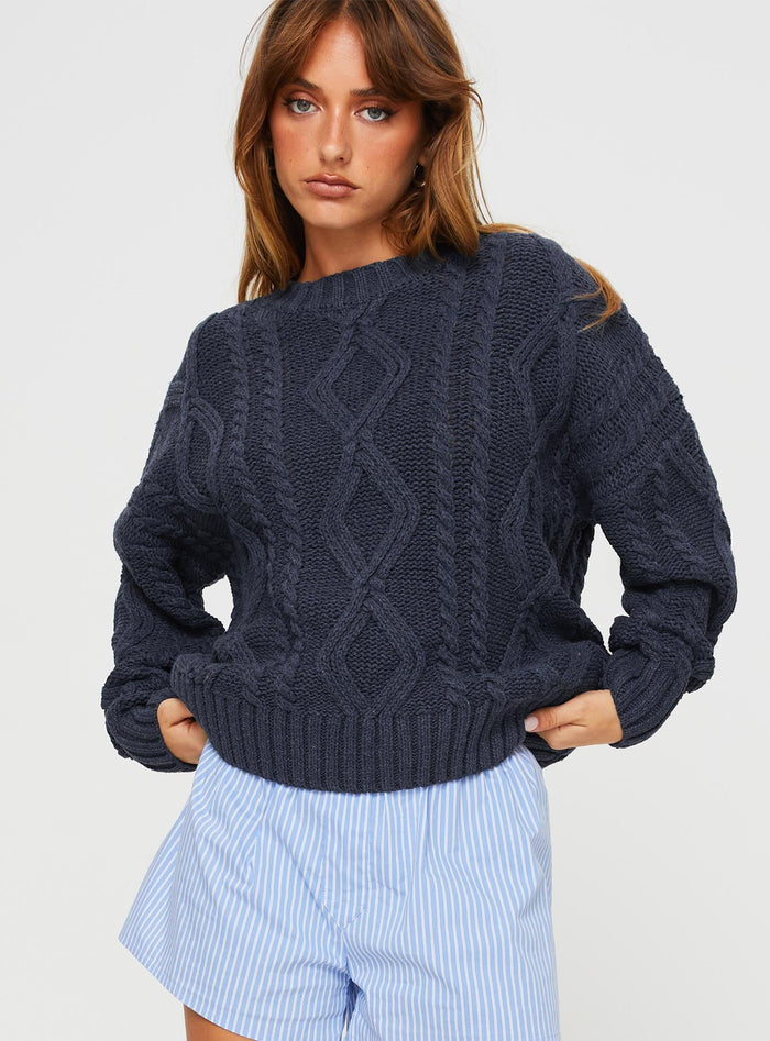 front view of model wearing Princess Polly Anaya Oversized Sweater Navy Cropped