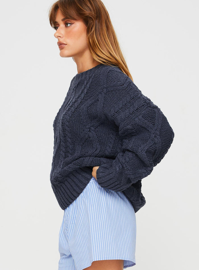 side view of model wearing Princess Polly Anaya Oversized Sweater Navy Cropped