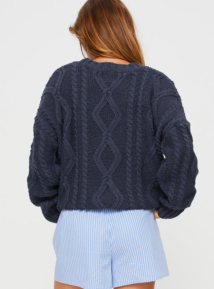 back view of model wearing Princess Polly Anaya Oversized Sweater Navy Cropped