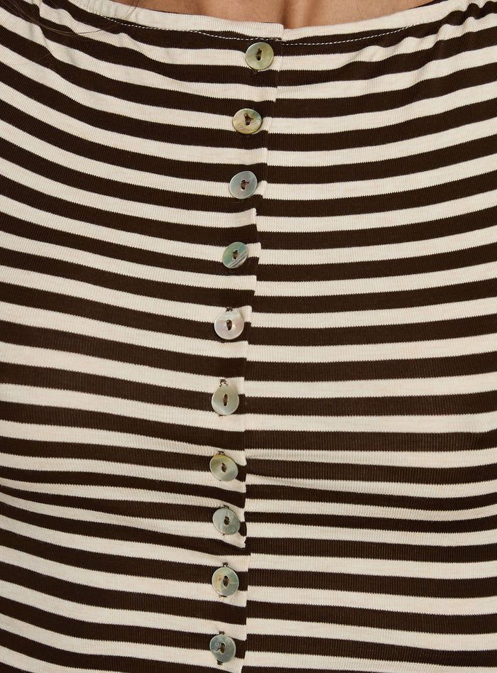 Angellina Jersey Button Down Top Chocolate / Cream Stripe