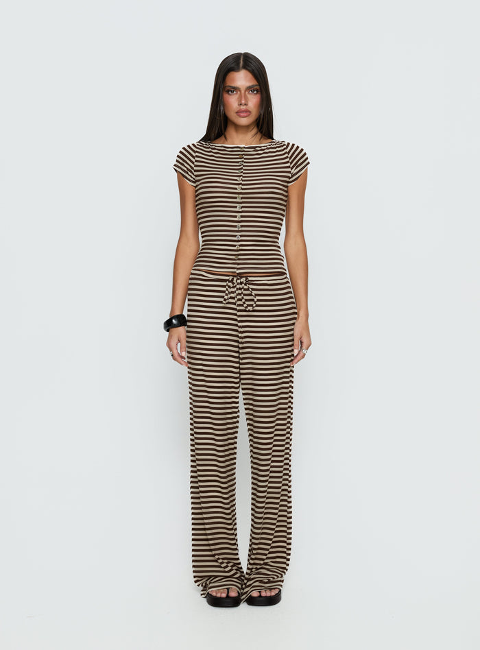 Angellina Jersey Button Down Top Chocolate / Cream Stripe