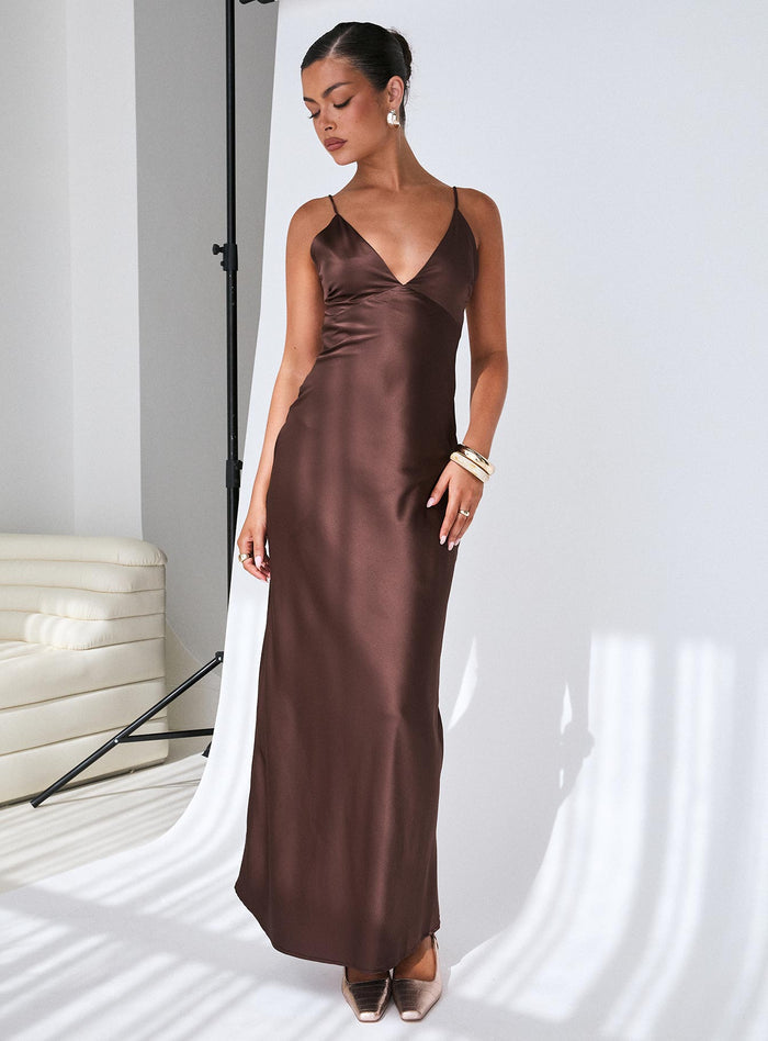 side view of model wearing Princess Polly Angels Only Maxi Dress Chocolate Plunger