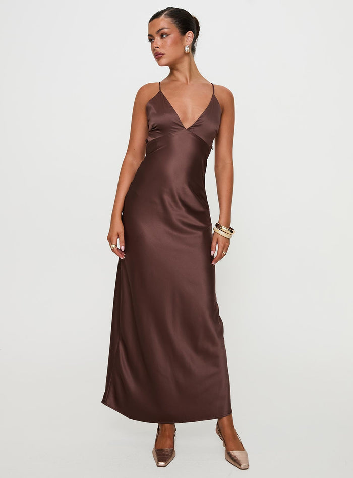 side view of model wearing Princess Polly Angels Only Maxi Dress Chocolate Plunger