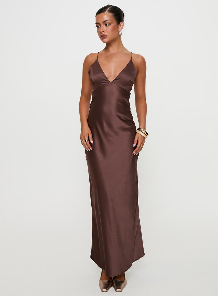 front view of model wearing Princess Polly Angels Only Maxi Dress Chocolate Plunger