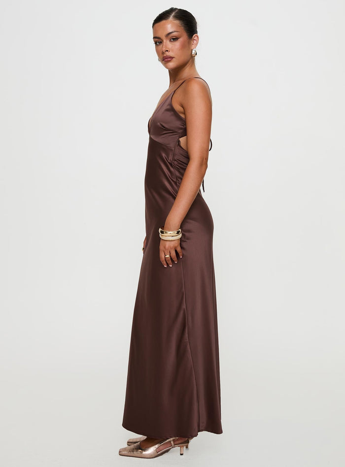 side view of model wearing Princess Polly Angels Only Maxi Dress Chocolate Plunger