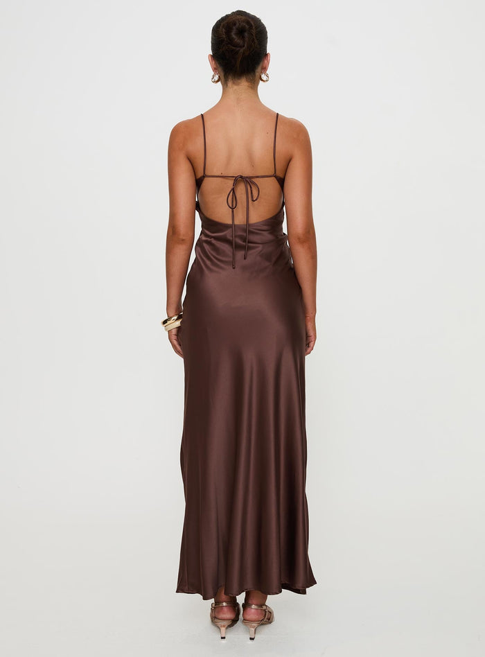 back view of model wearing Princess Polly Angels Only Maxi Dress Chocolate Plunger