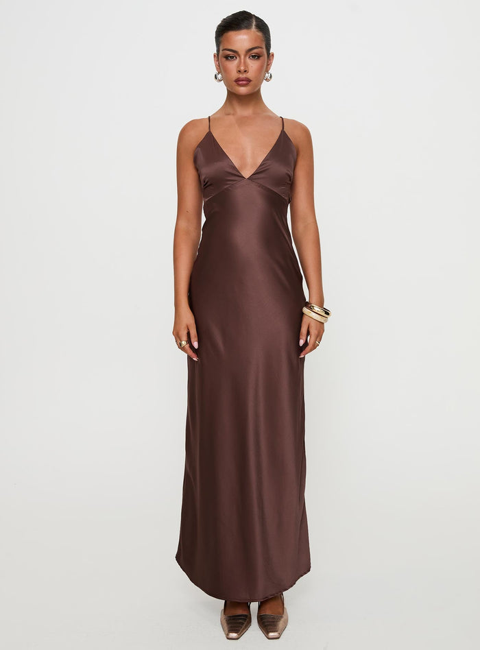 front view of model wearing Princess Polly Angels Only Maxi Dress Chocolate Plunger