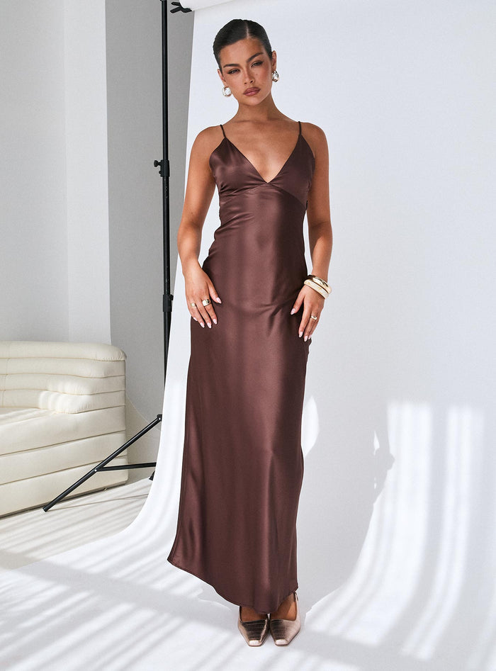 front view of model wearing Princess Polly Angels Only Maxi Dress Chocolate Plunger