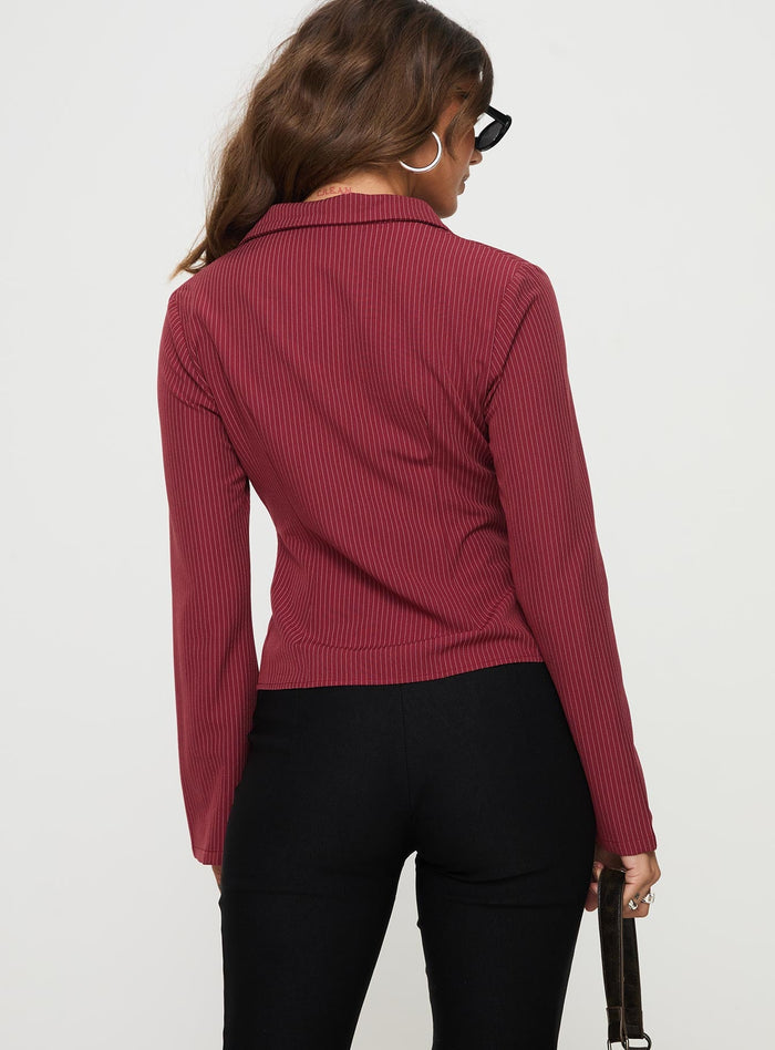 back view of model wearing Princess Polly Anni Pinstripe Shirt Red Full Sleeves V-Neck