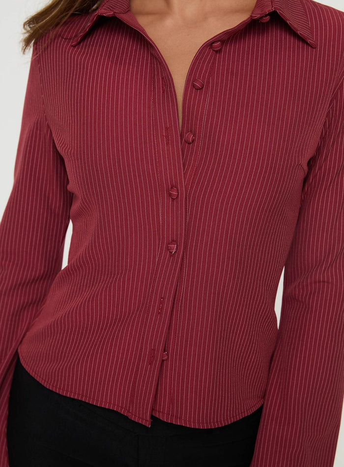back view of model wearing Princess Polly Anni Pinstripe Shirt Red Full Sleeves V-Neck