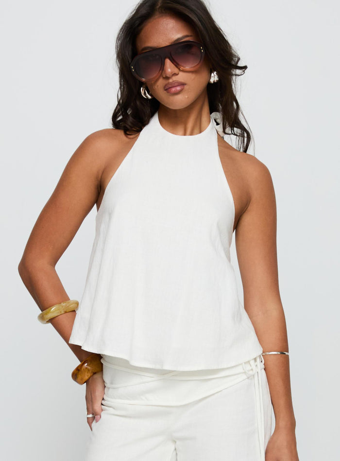 front view of model wearing Princess Polly Aquaria Halter Linen Blend Top White Sleeveless Crew Neck